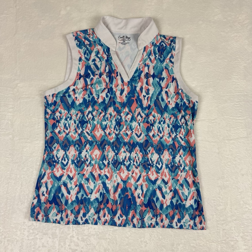 Coral Bay Golf Shirt Women's Petites Medium Blue Abstract Print Sleeveless